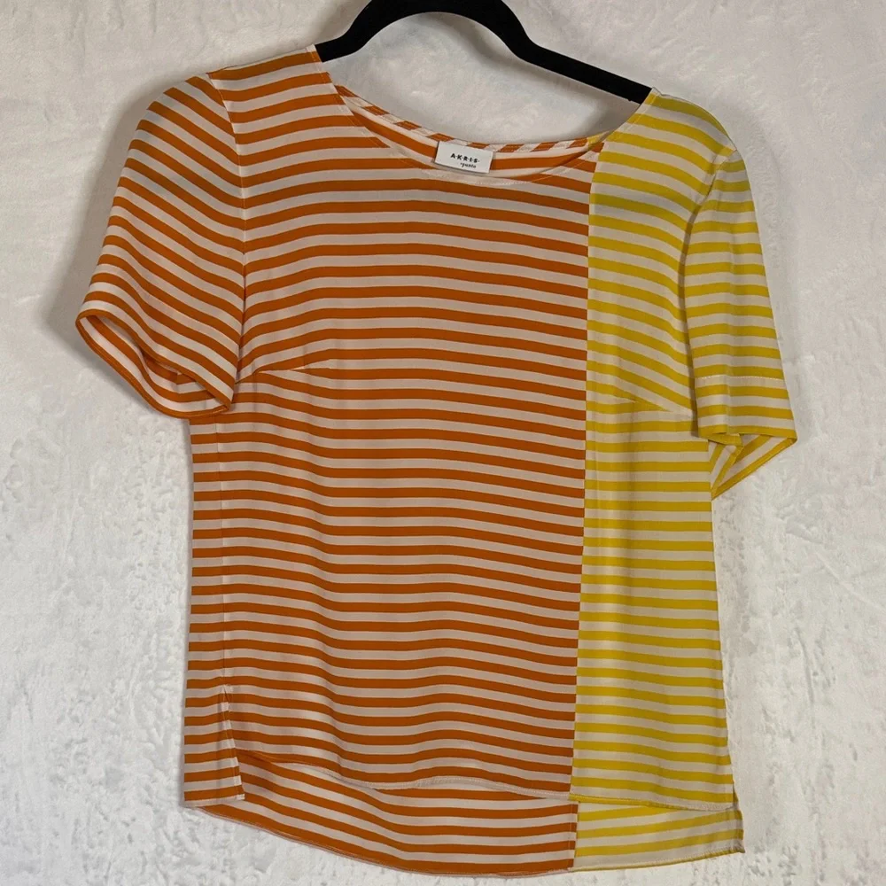 Akris Punto Women's US 6 Orange & Yellow Striped 100% Mulberry Silk Luxury Top